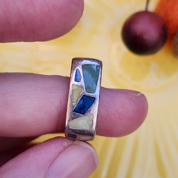 Vintage 1970's Artisan Made Sterling Silver Geometric Square Ring with Enamel - Picture 5 of 11